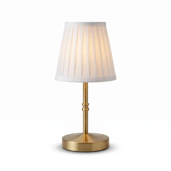 Cordless Gold Table Lamp with Pleated Fabric Shade