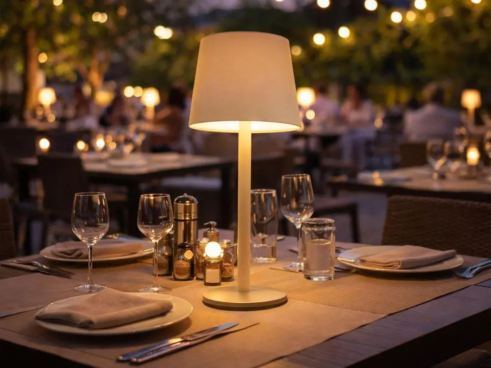 Cordless lamps on a restaurant terrace at dusk, outdoor dining lighting.
