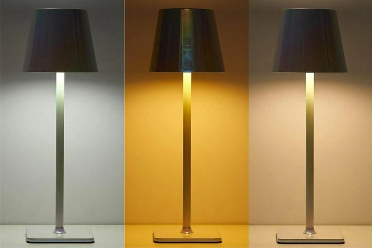 Different brightness levels of a rechargeable table lamp, showing how output affects battery life.